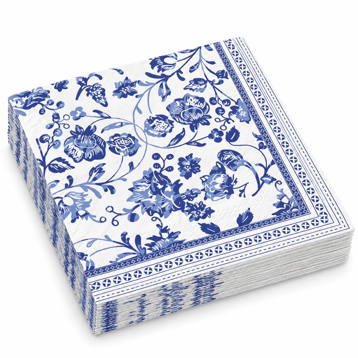 Blue chinoiserie luncheon napkin stack on white