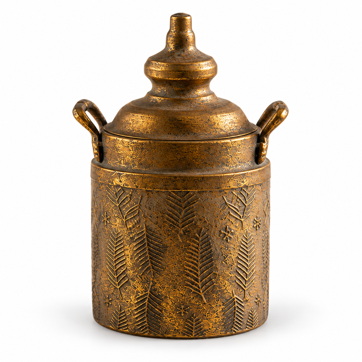 Small antique iron decorative urn with its matching lid on white; small size shown