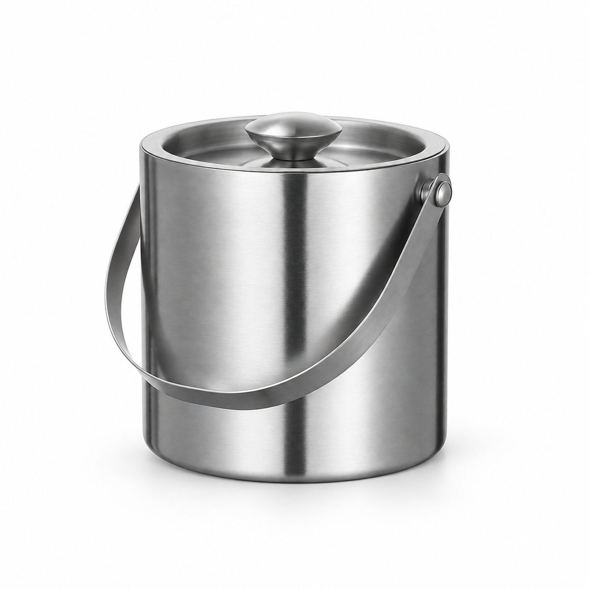 Silver 2 L straight-wall ice bucket with recessed lid on white background