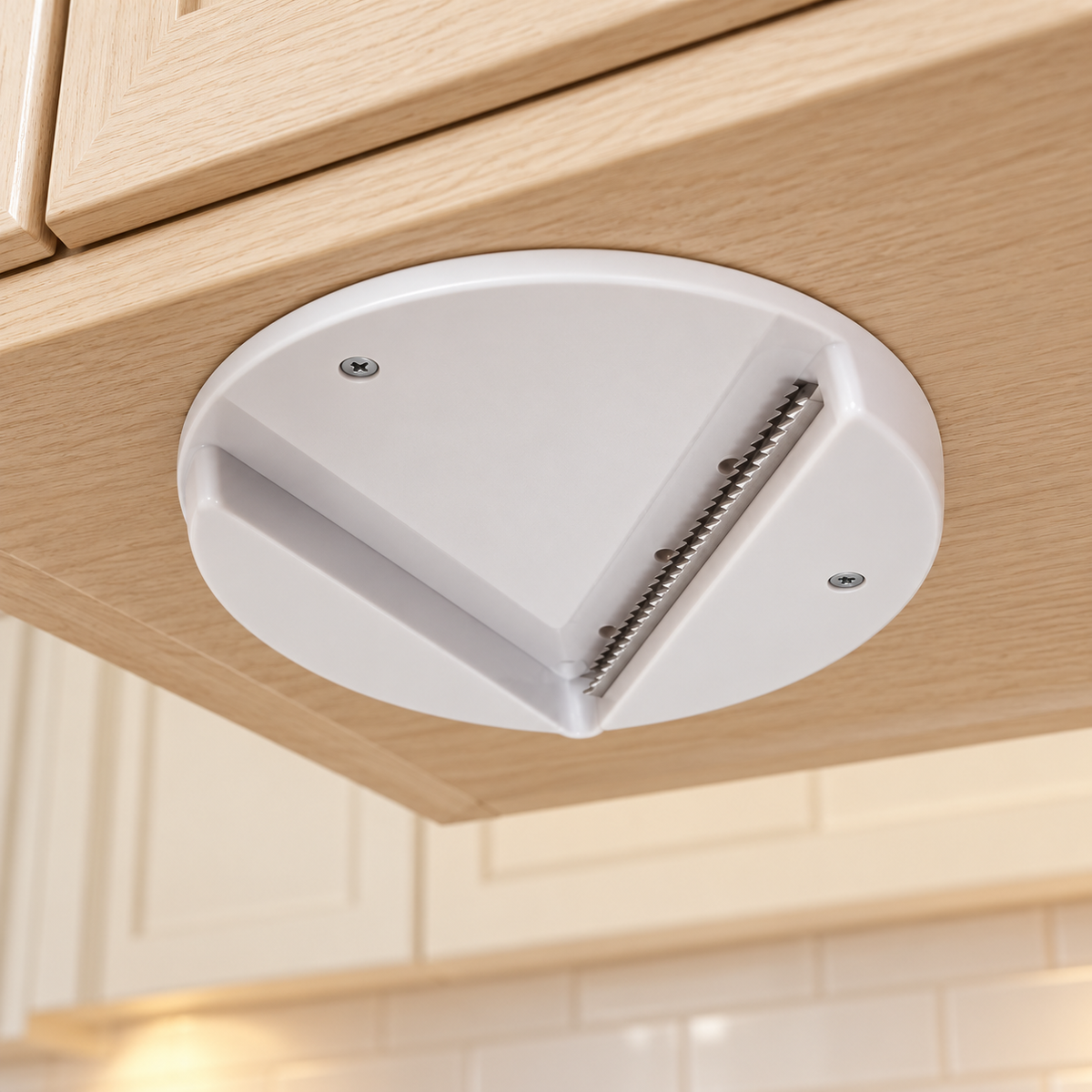 mounted view of white under-cabinet jar opener