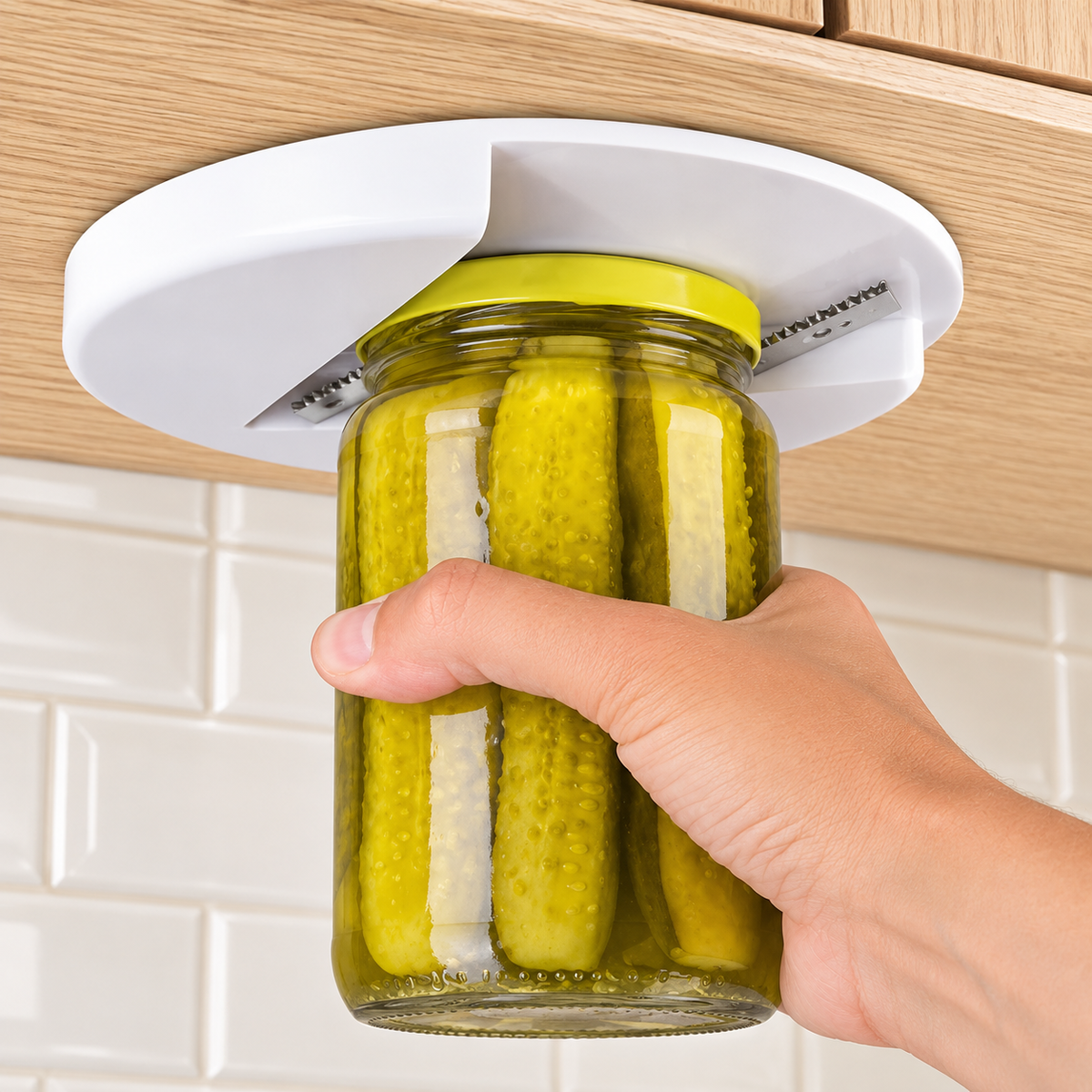 pickle use view of white under-cabinet jar opener