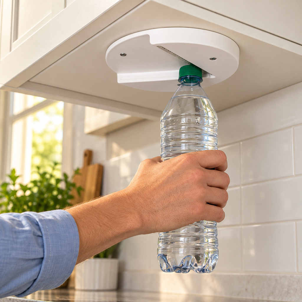 bottle use view of white under-cabinet jar opener