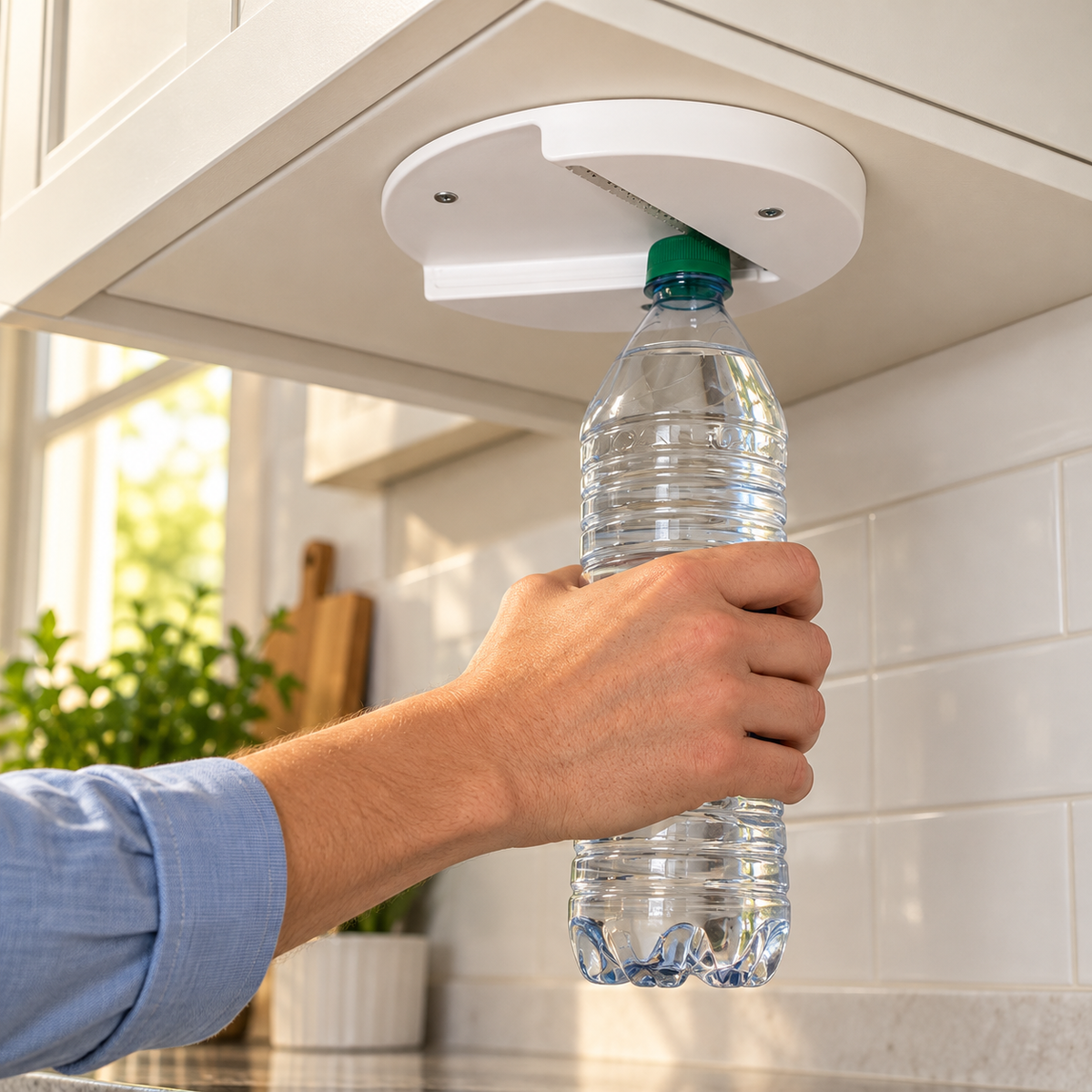 bottle use view of white under-cabinet jar opener