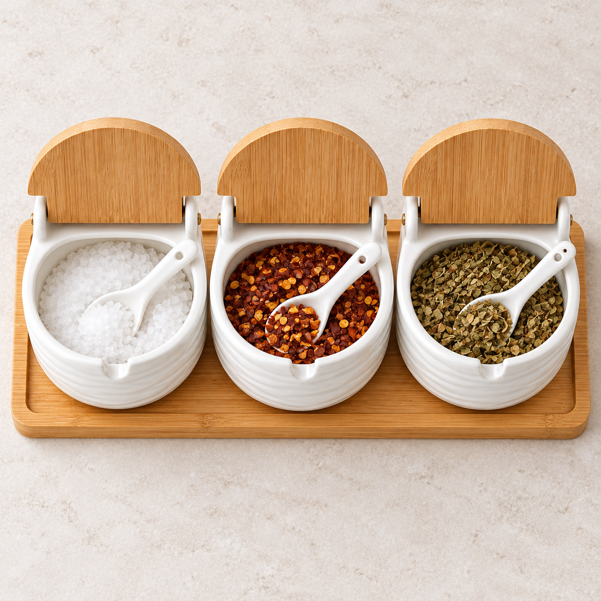 Overhead view of three open white wavy ceramic spice jars and their wooden lids; spices are styling props.