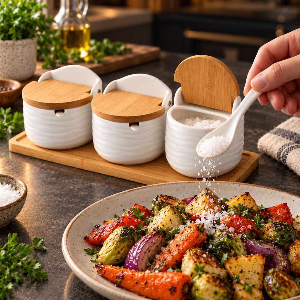 White ceramic spice jars in use while seasoning roasted vegetables; food and styling props not included.