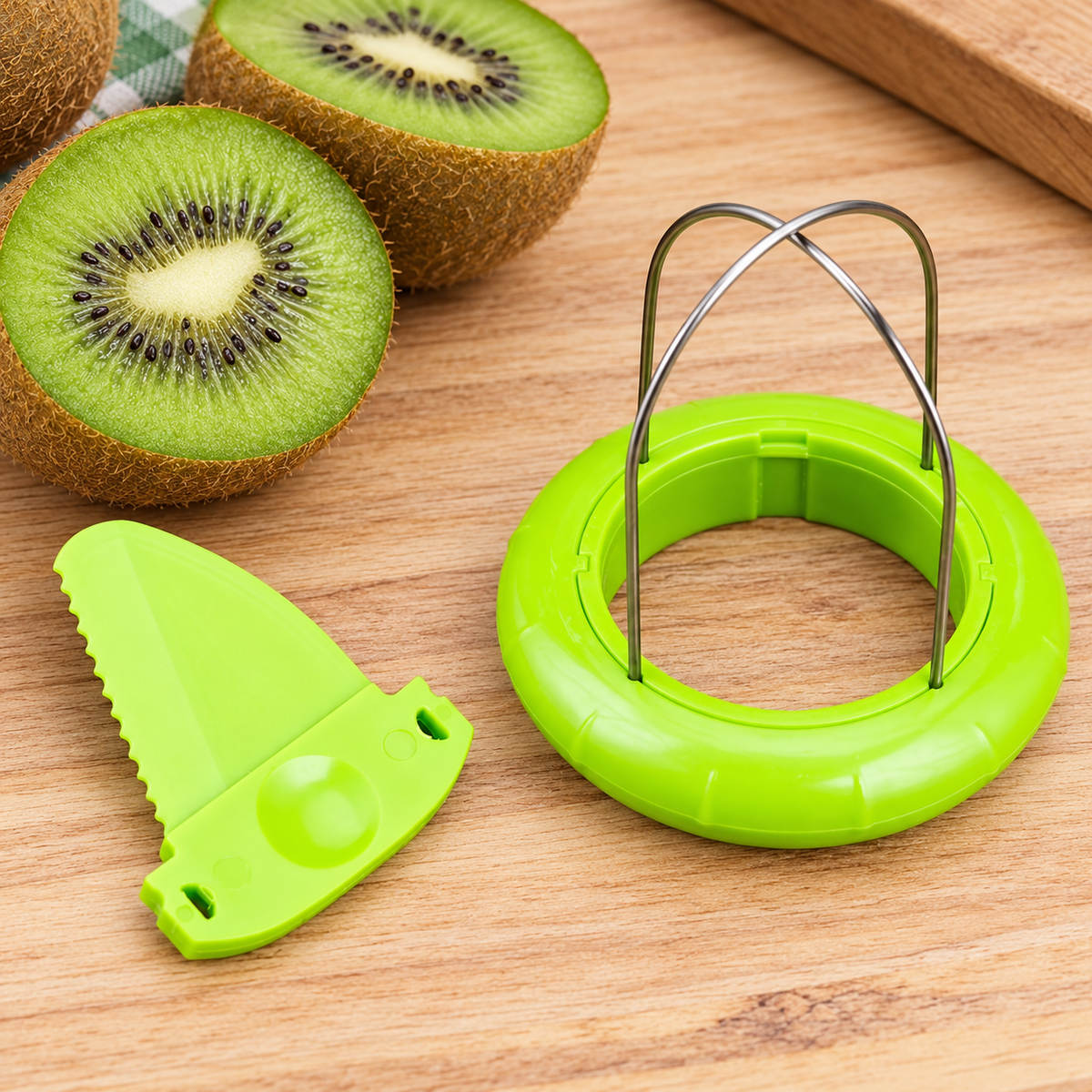Green kiwi peeler ring and separate serrated insert beside kiwi halves