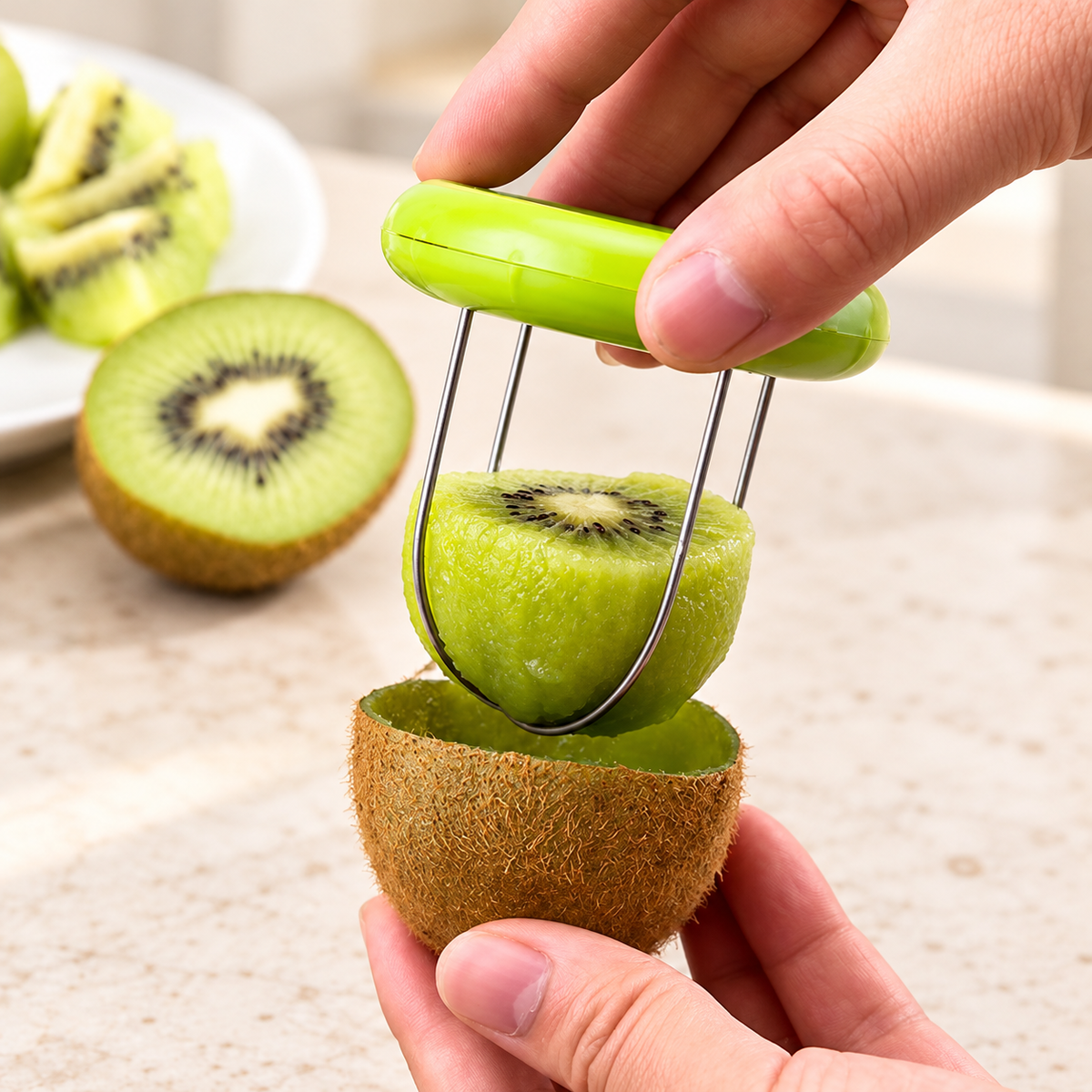 Wire-loop kiwi peeler lifting flesh from the skin
