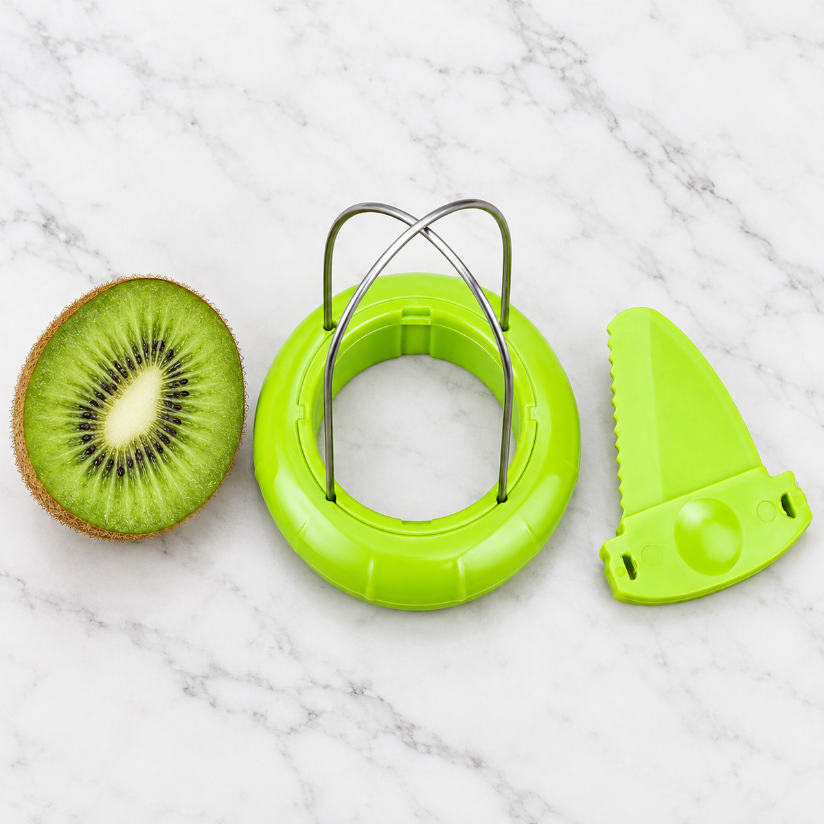 Overhead view of kiwi peeler ring and separate green insert