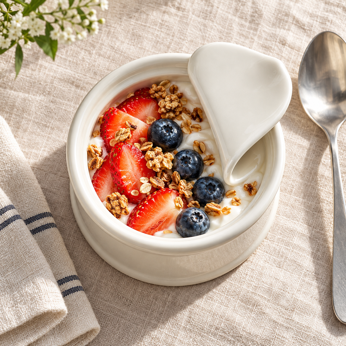 Lattina ivory ceramic bowl with fixed rolled rim, yogurt breakfast; food and accessories not included