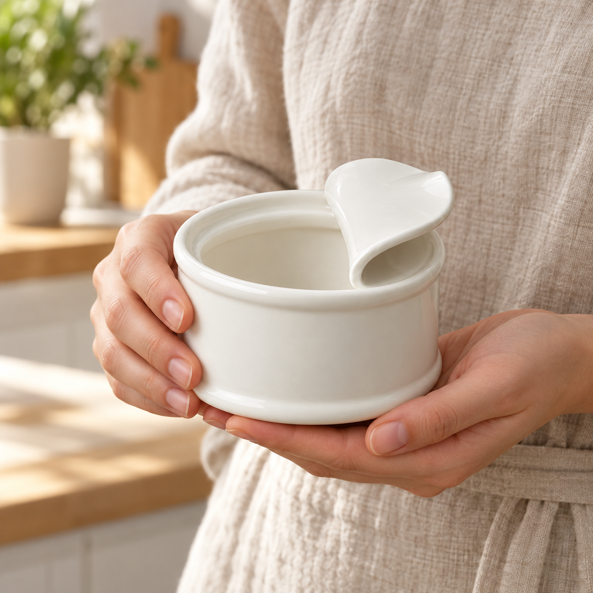 Lattina ivory ceramic bowl with integral fixed rolled rim, held for scale
