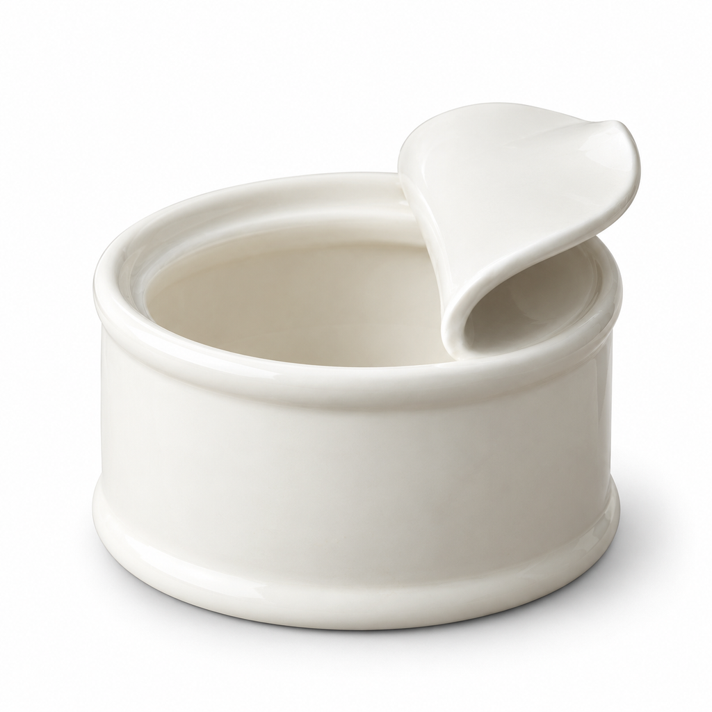 Lattina ivory ceramic can-shaped bowl with integral fixed rolled rim, empty studio view