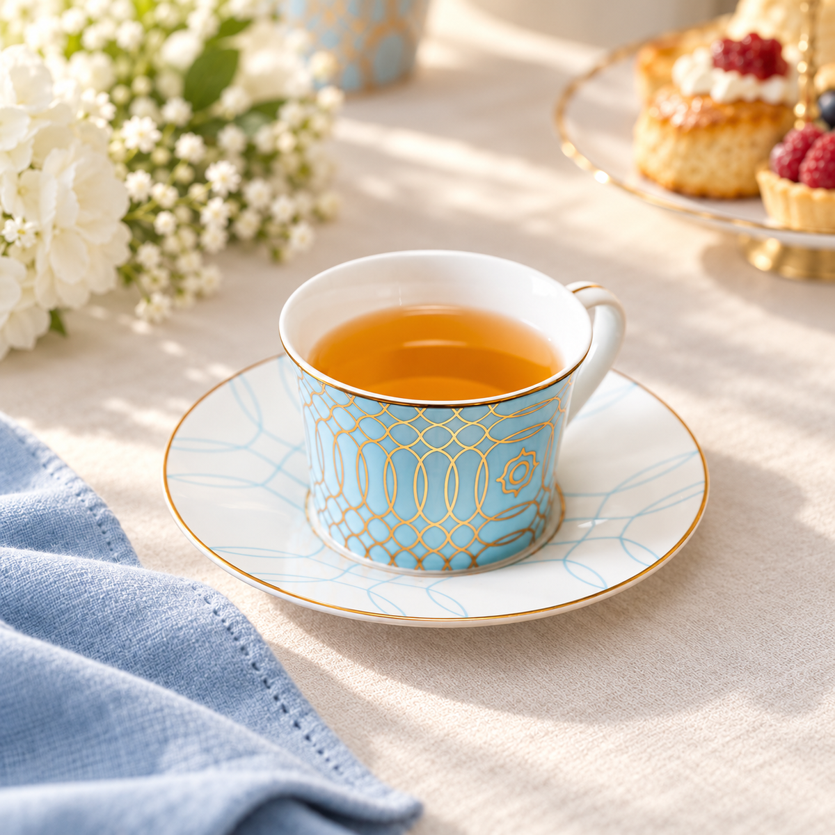 Light blue porcelain teacup and matching saucer with gold geometric pattern in an afternoon tea setting. Sold as two cups and two saucers; other table decor not included.