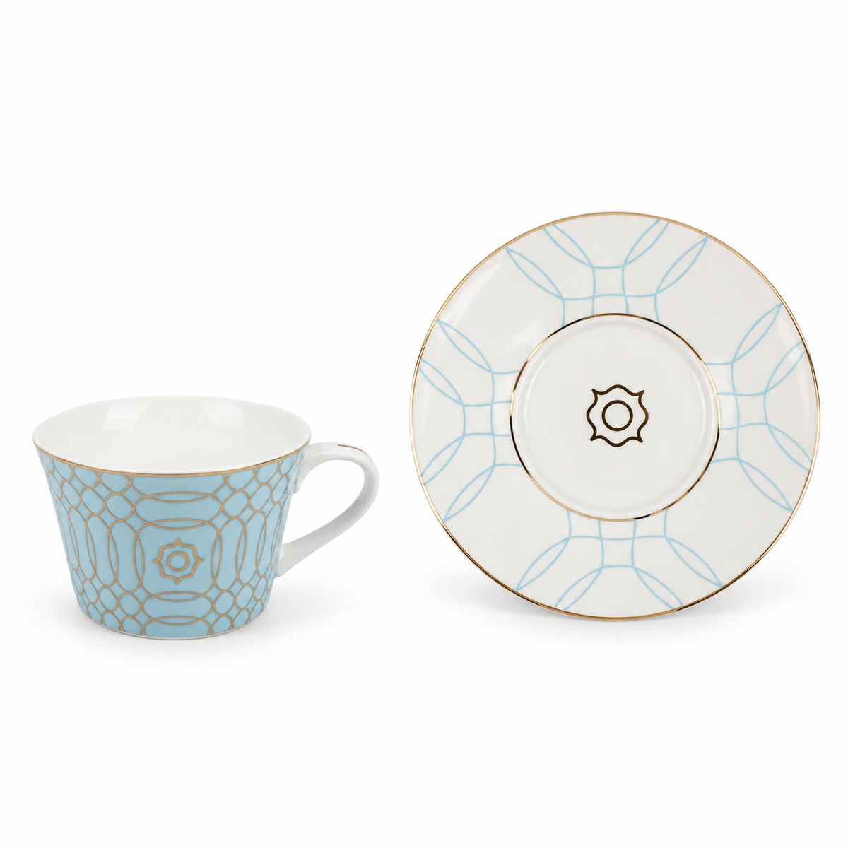 One light-blue tea cup and one matching saucer shown separately to reveal their gold and pale-blue geometric patterns. Detail view of the two-cup, two-saucer set.