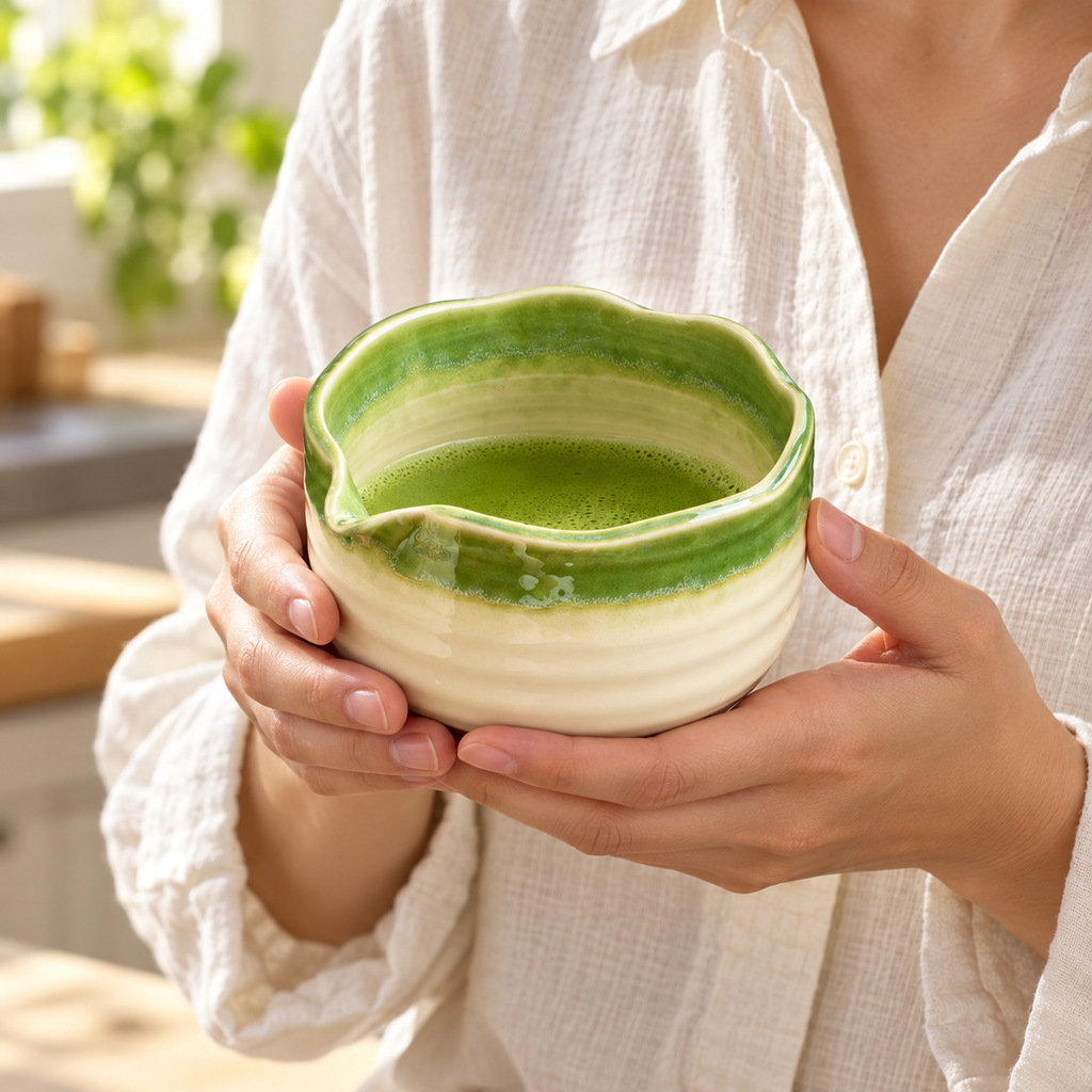 Adult hands cradling the green ceramic matcha bowl