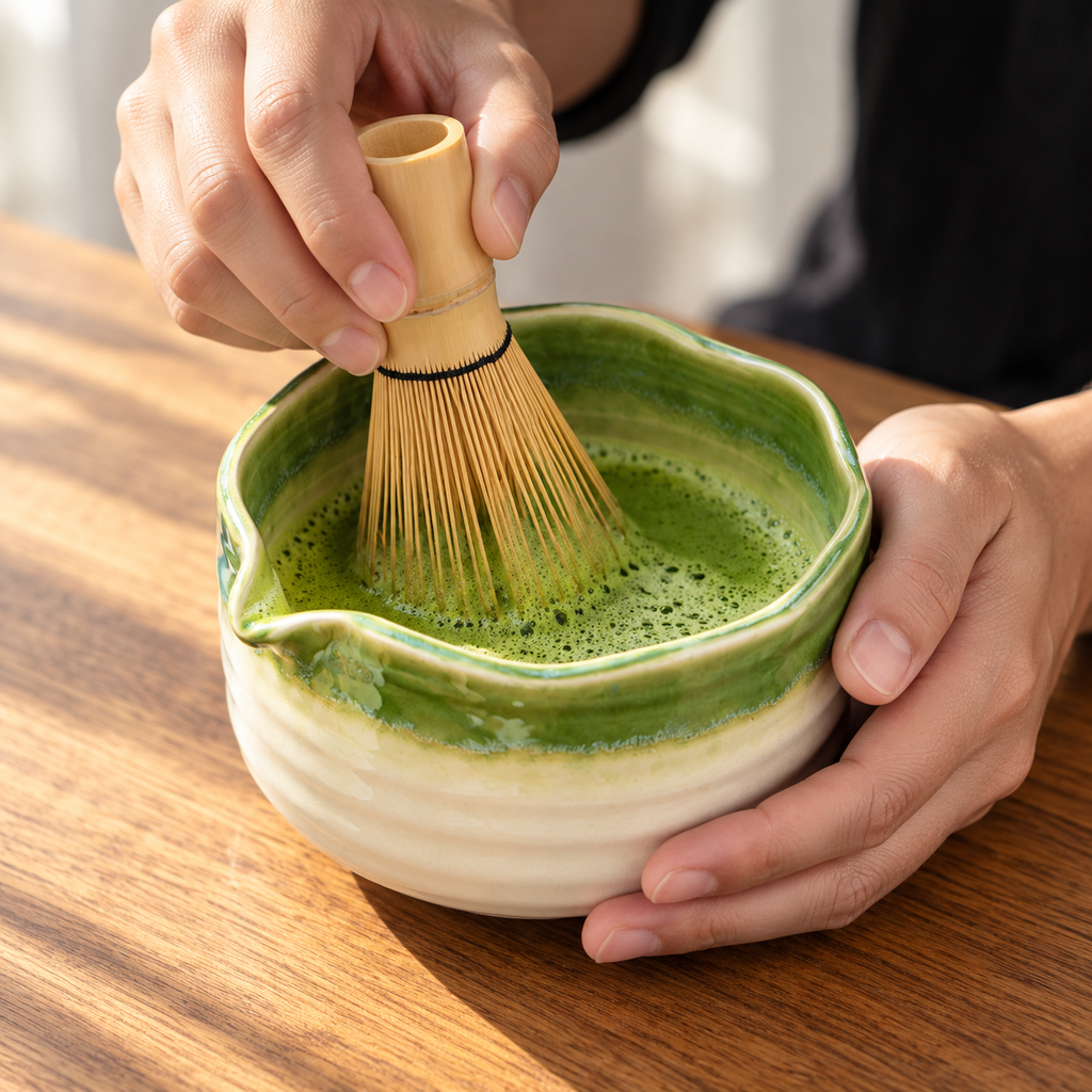 Hands whisking matcha in the green ceramic bowl
