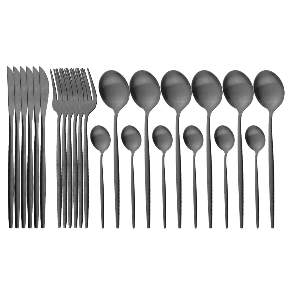 Supplier reference showing the black selected finish of the matte stainless steel cutlery assortment.
