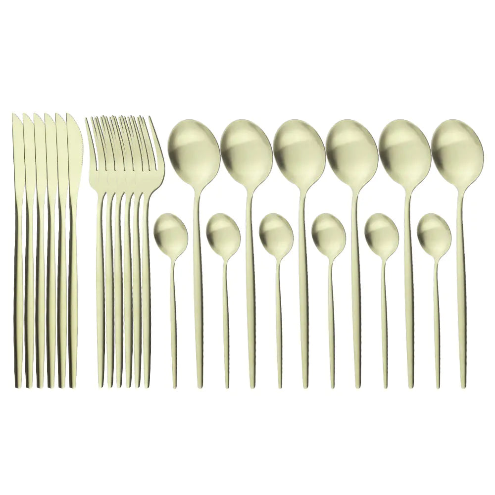 Supplier reference showing the champagnegold selected finish of the matte stainless steel cutlery assortment.