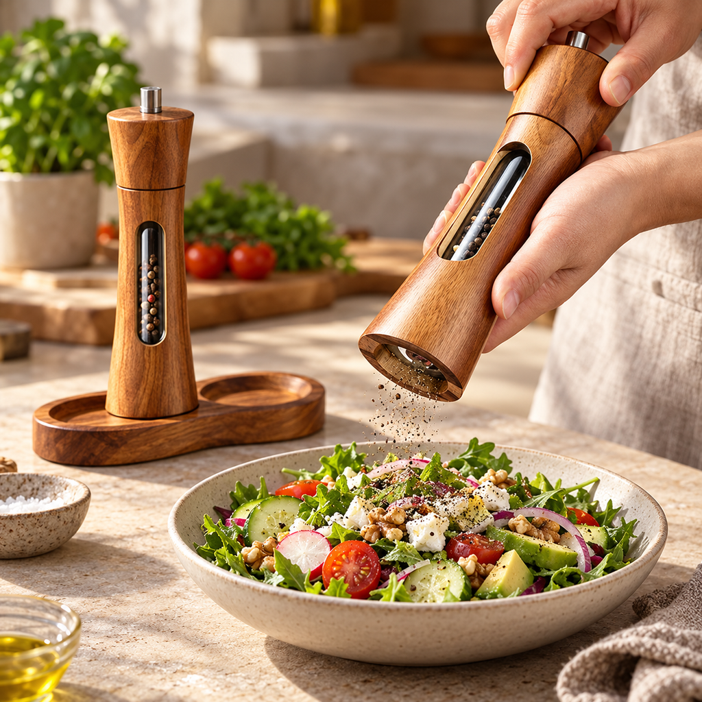 Hands grinding pepper with acacia mill over salad; food is a styling prop