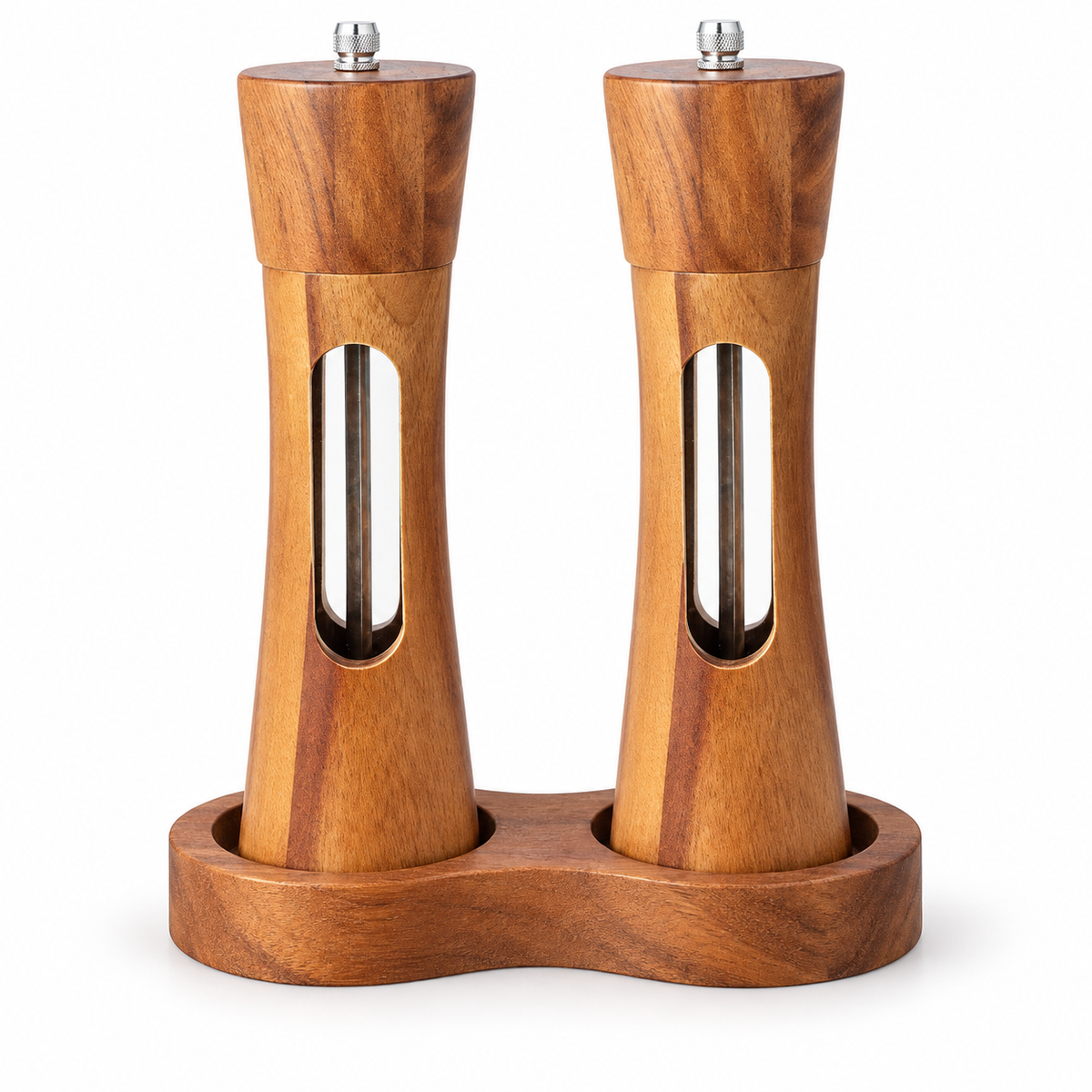 Two acacia salt and pepper mills with figure-eight wooden base on white