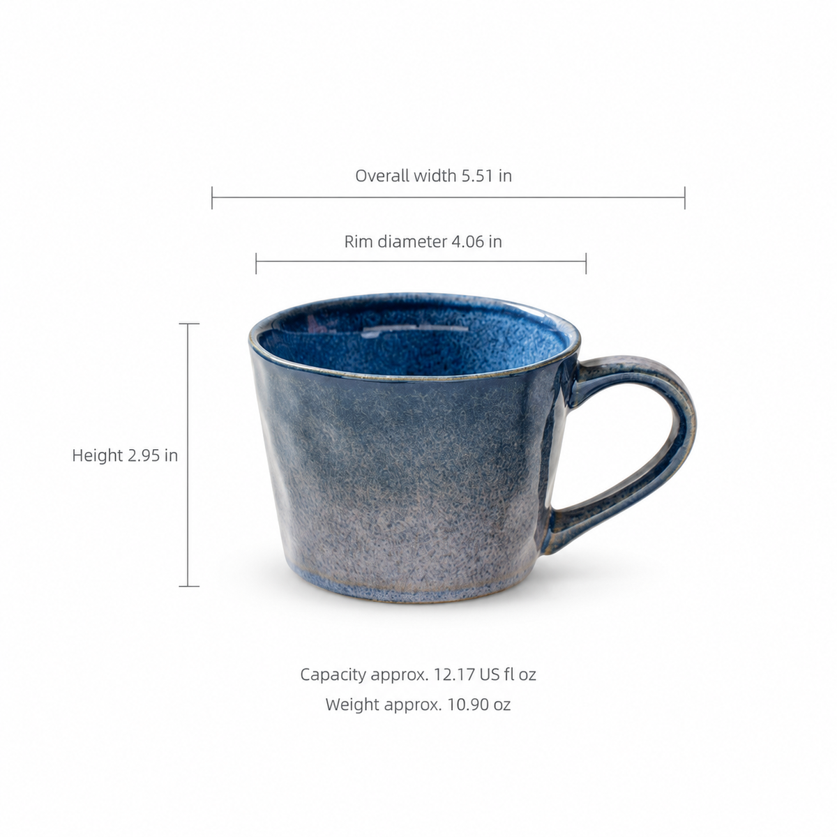 Overall width 5.51 in; Rim diameter 4.06 in; Height 2.95 in; Capacity approx. 12.17 US fl oz; Weight approx. 10.90 oz