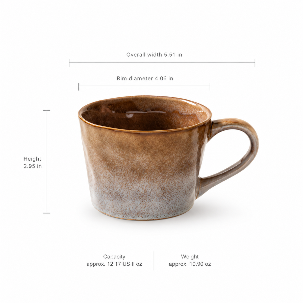 Overall width 5.51 in; Rim diameter 4.06 in; Height 2.95 in; Capacity approx. 12.17 US fl oz; Weight approx. 10.90 oz
