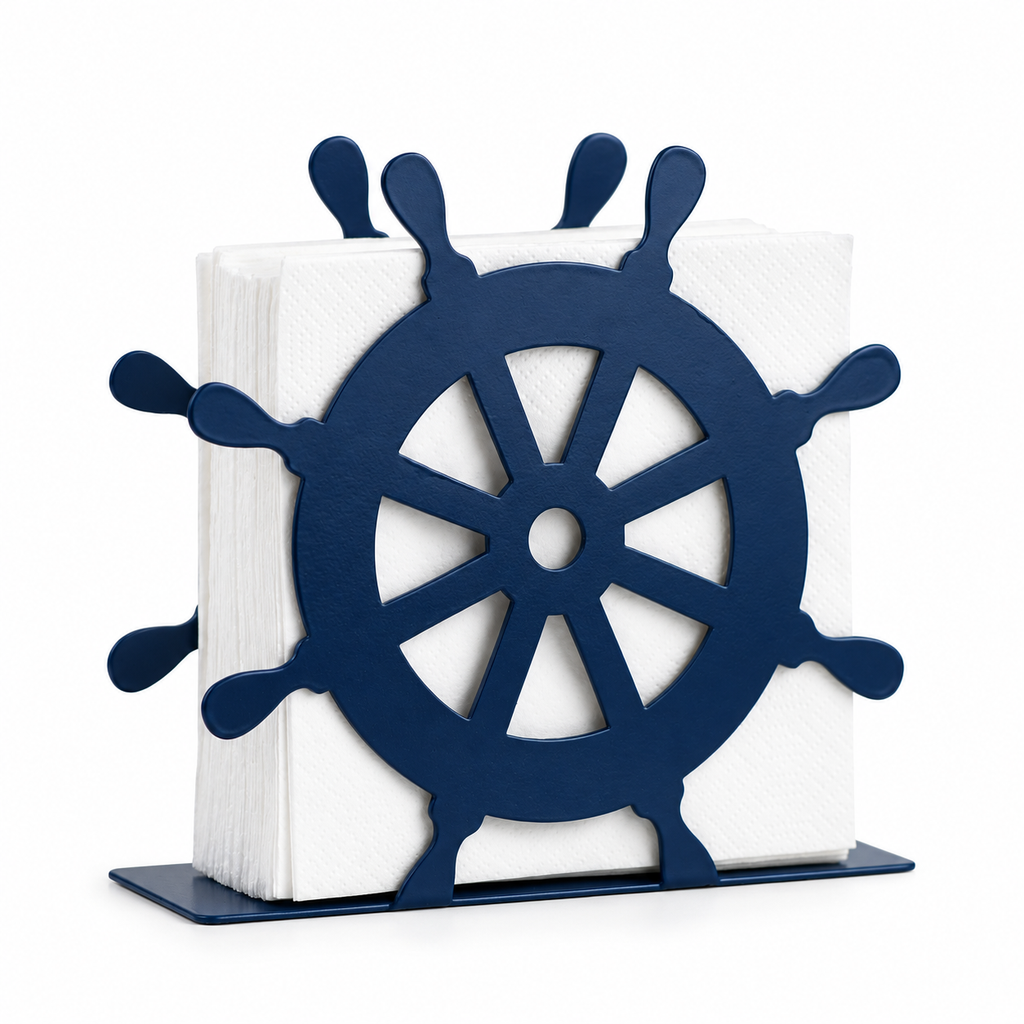 Navy ship wheel napkin holder on white background; napkins shown for use and not included