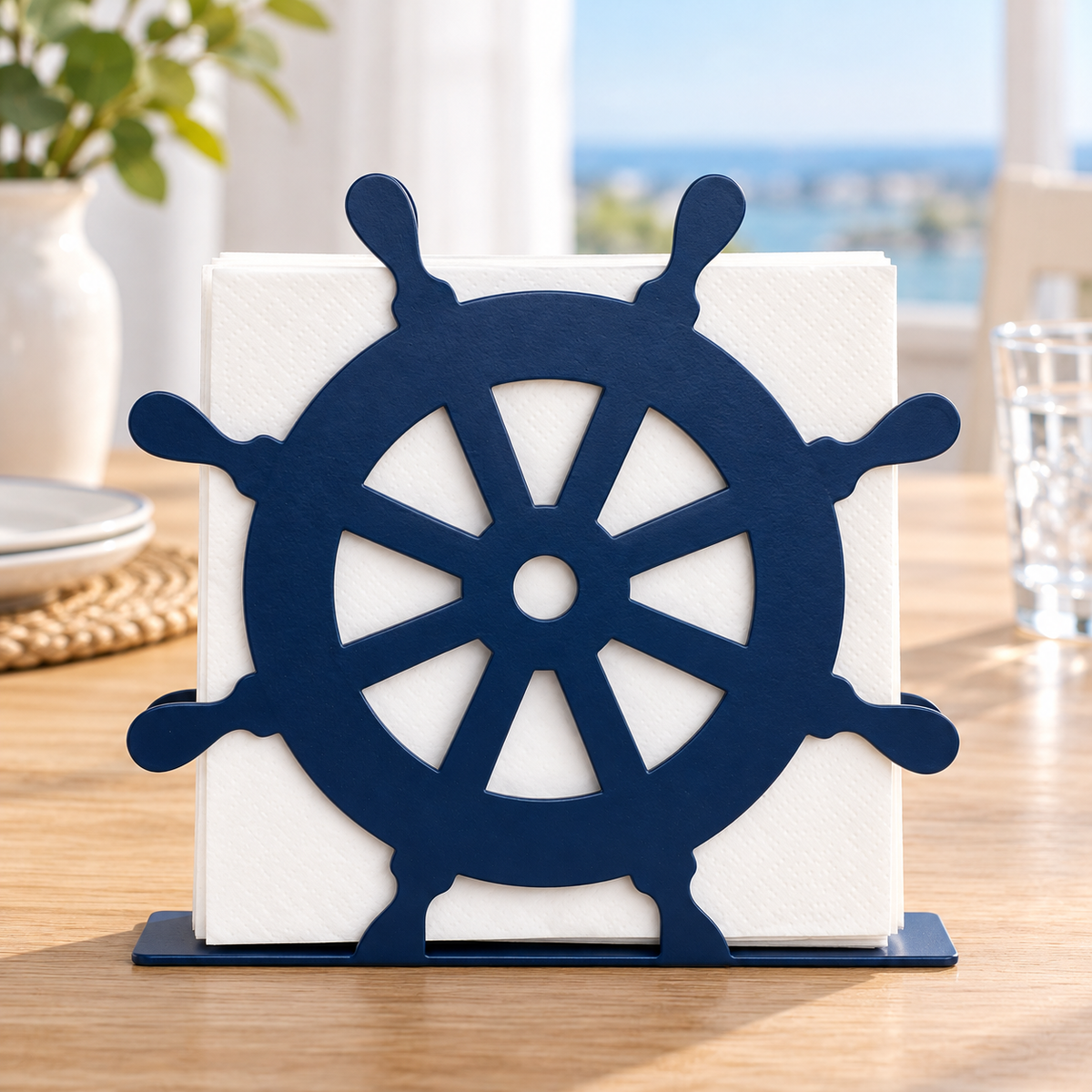 Navy wheel napkin holder seen from the front on a breakfast table; tableware and napkins are props