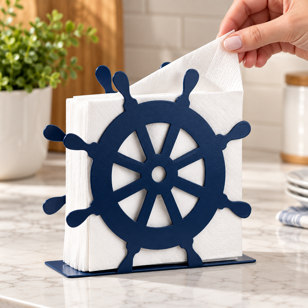 Hand taking one paper napkin from the navy wheel holder; napkins not included
