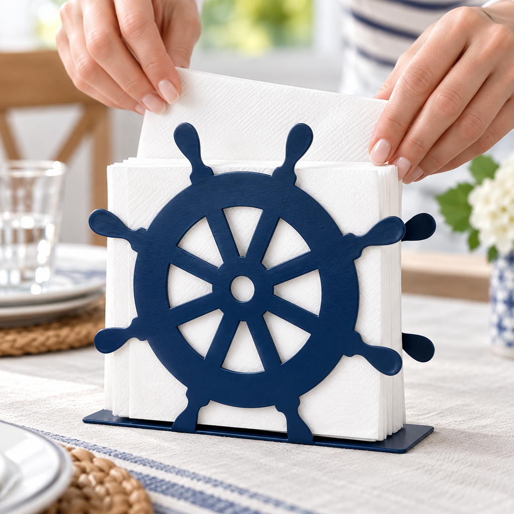 Hands placing folded napkins into the navy wheel holder; napkins not included