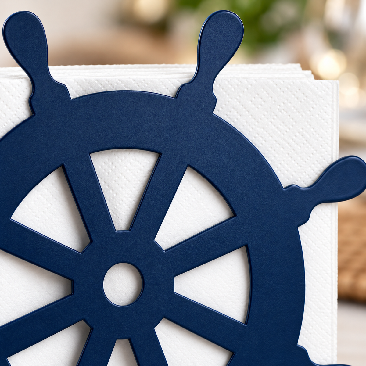 Close detail of the navy wheel cutouts and rounded handles; napkins shown are not included