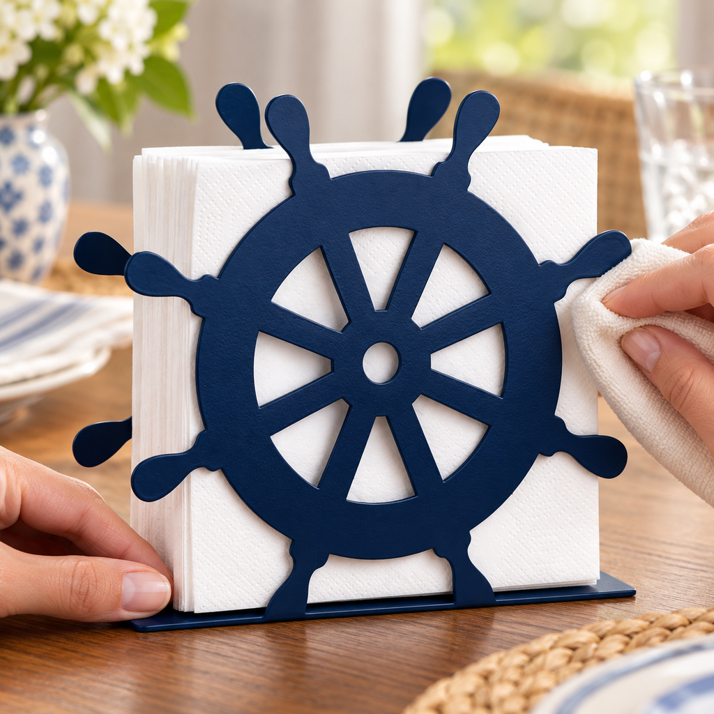 Hands gently wiping the outer navy wheel panel with a dry cloth; cloth and napkins are props
