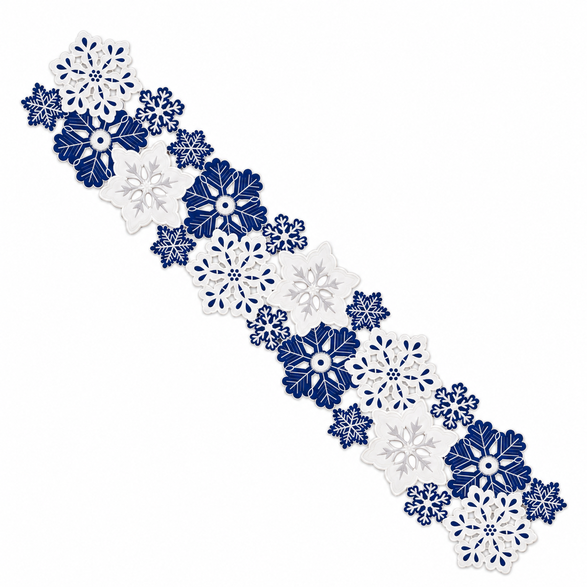 Navy, white and silver snowflake cutwork table runner on a white background