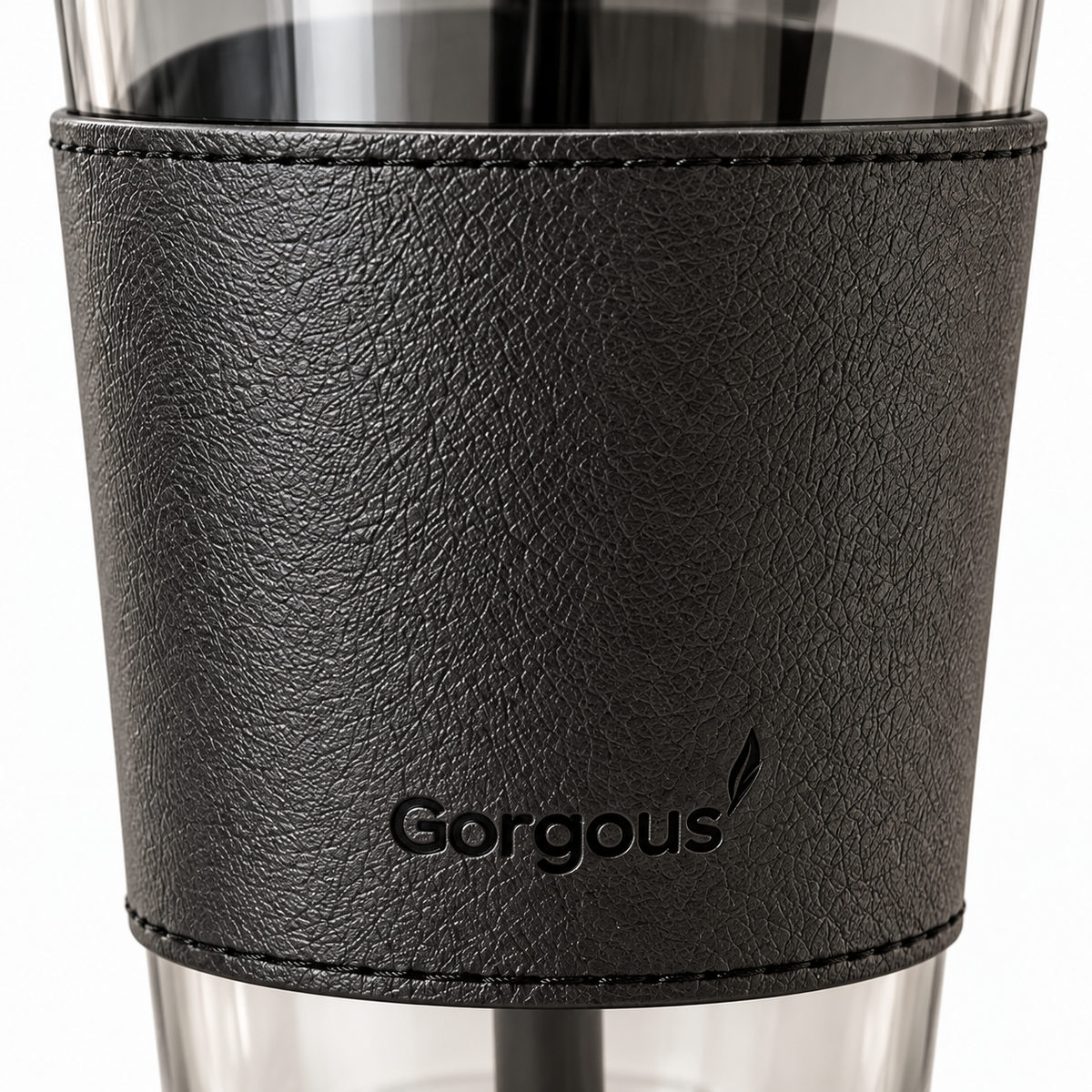 Close-up of the smoky cup's neutral black textured sleeve, stitching and Gorgous marking.