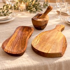 Olive Wood Cutting Board, Serving Bowl and Mortar and Pestle Set