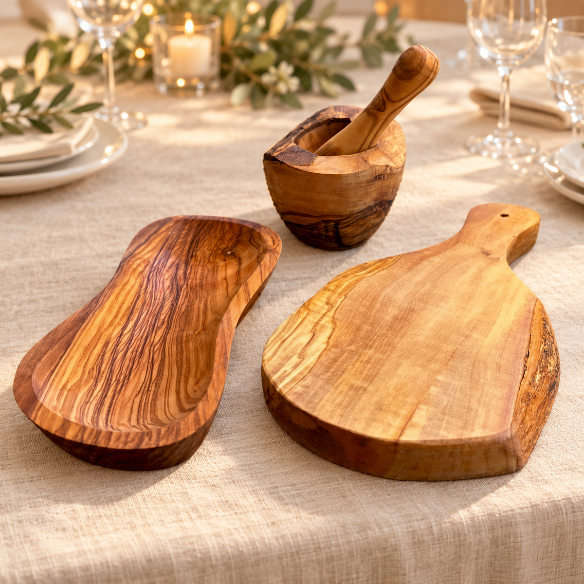 Olive wood handled cutting board, elongated serving bowl, mortar and pestle on a banquet table. Glassware, plates, linen and flowers are styling props, not included. Natural grain varies.