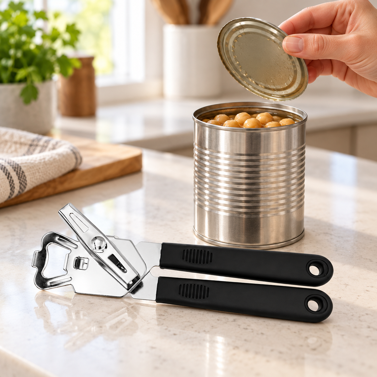Hand lifting a detached can lid with the complete can opener beside the opened tin