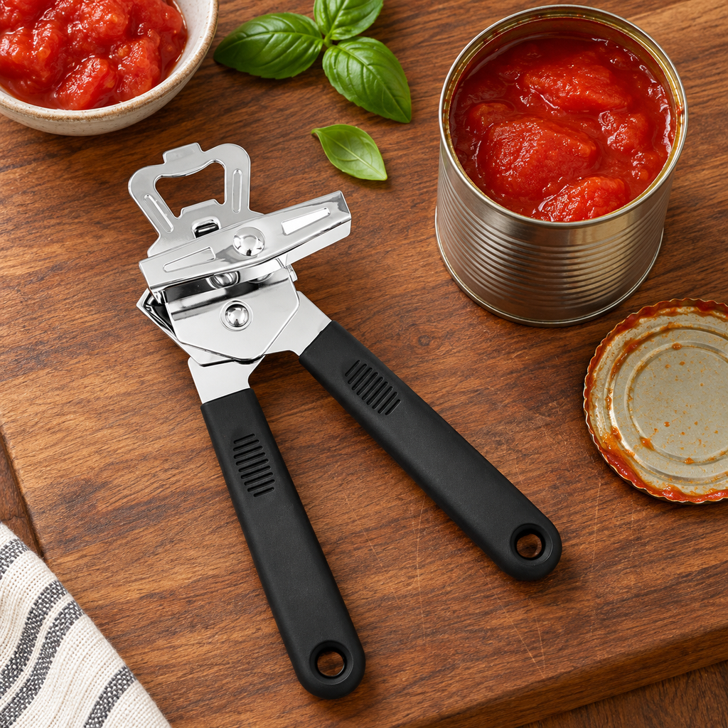 Manual can opener beside a tin of tomatoes