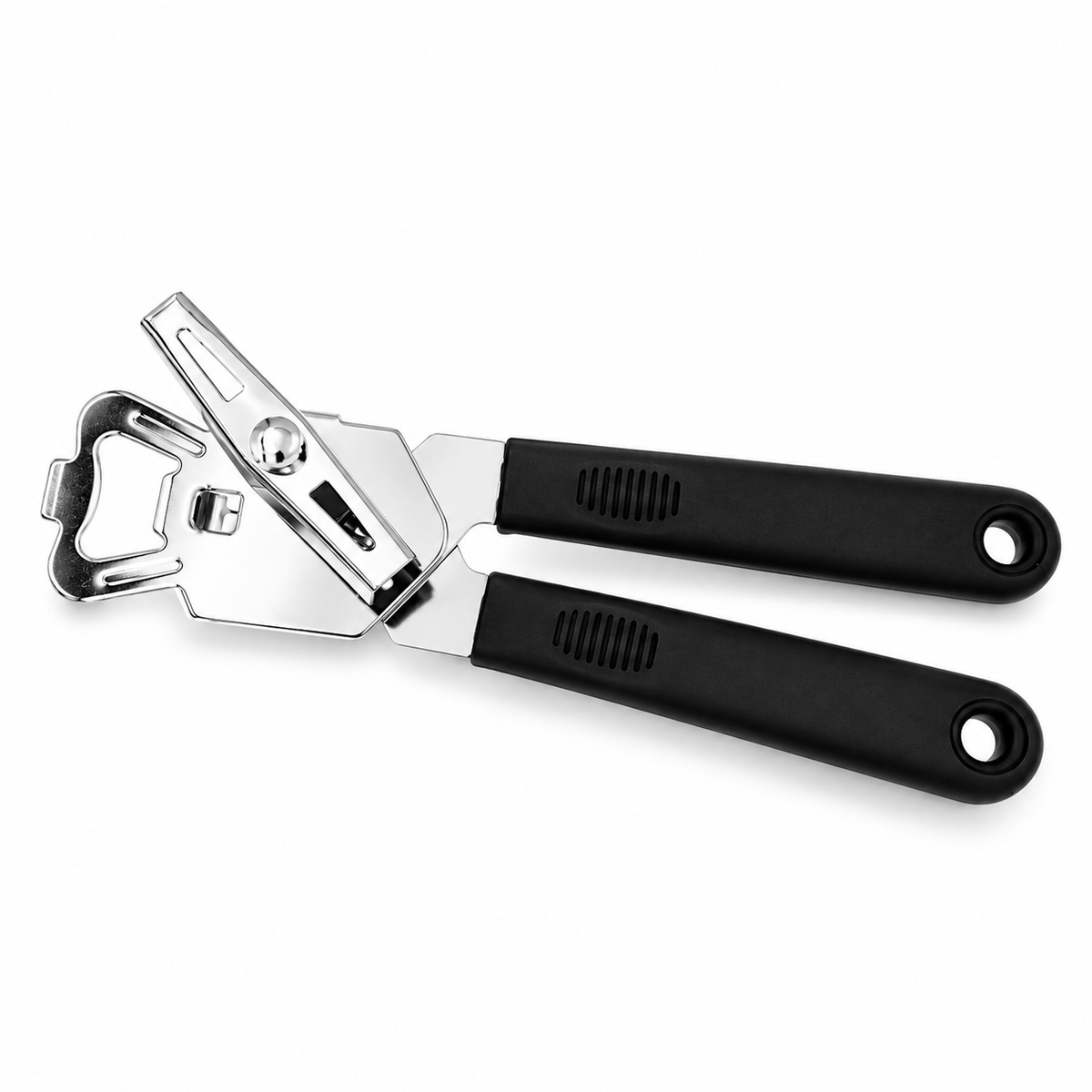 Full stainless steel can opener with black grips on white