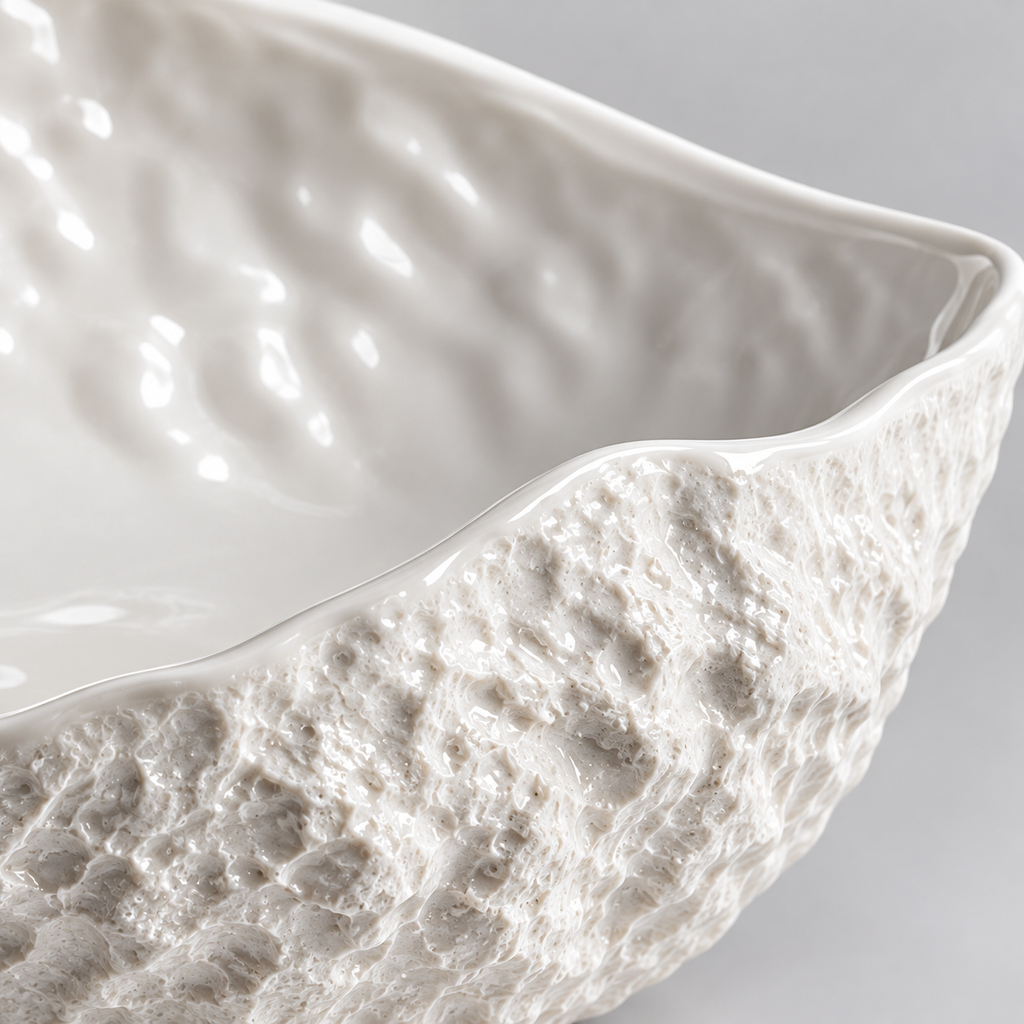 Close-up of rock-textured exterior and glazed wavy rim