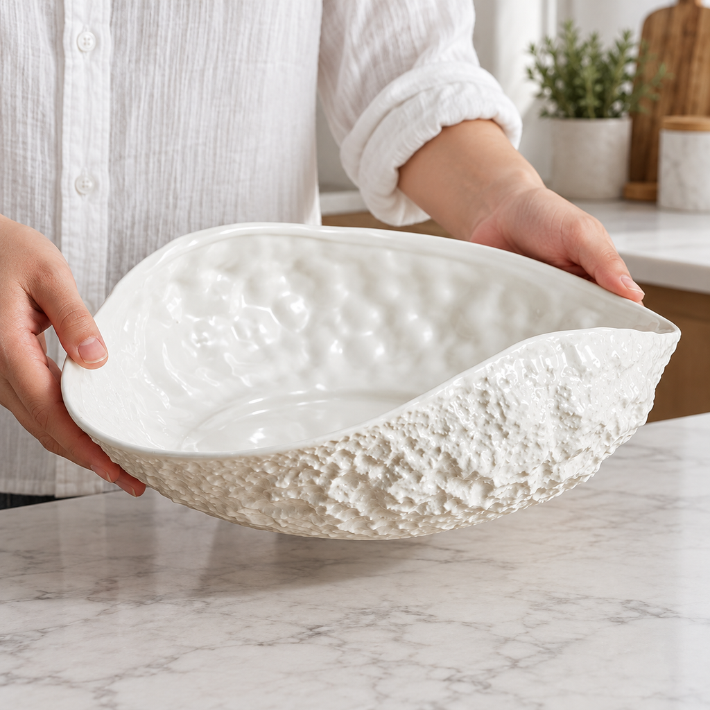 Hands carrying empty rock-textured white ceramic shell soup plate