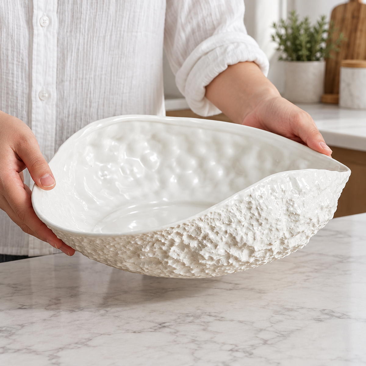 Hands carrying empty rock-textured white ceramic shell soup plate