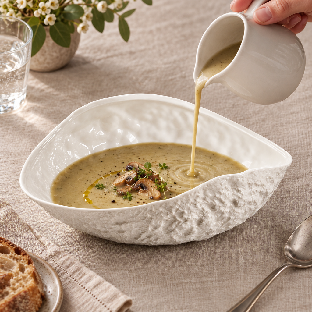 Soup being poured into rock-textured ceramic shell plate; food and pitcher not included