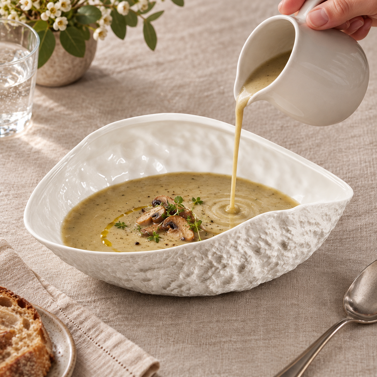 Soup being poured into rock-textured ceramic shell plate; food and pitcher not included