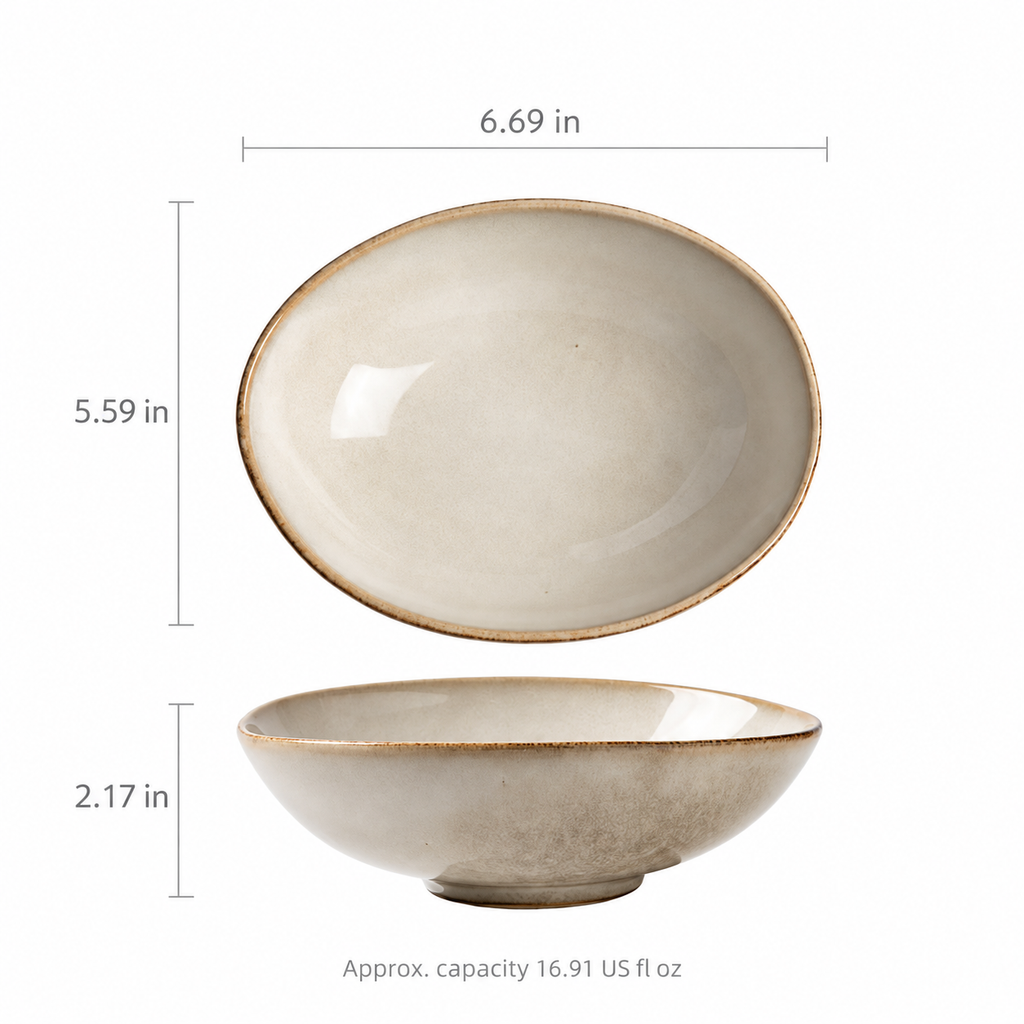 Oval ceramic soup bowl: 6.69 × 5.59 × 2.17 in; approximate capacity 16.91 US fl oz.