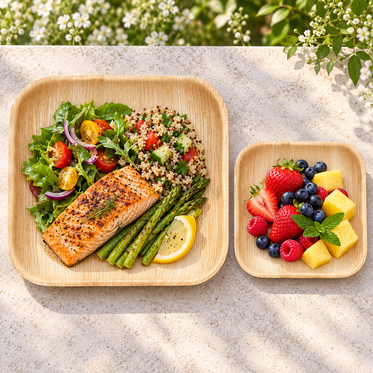Representative large and small square leaf plates on a garden lunch table; food and flowers are styling props, not included.