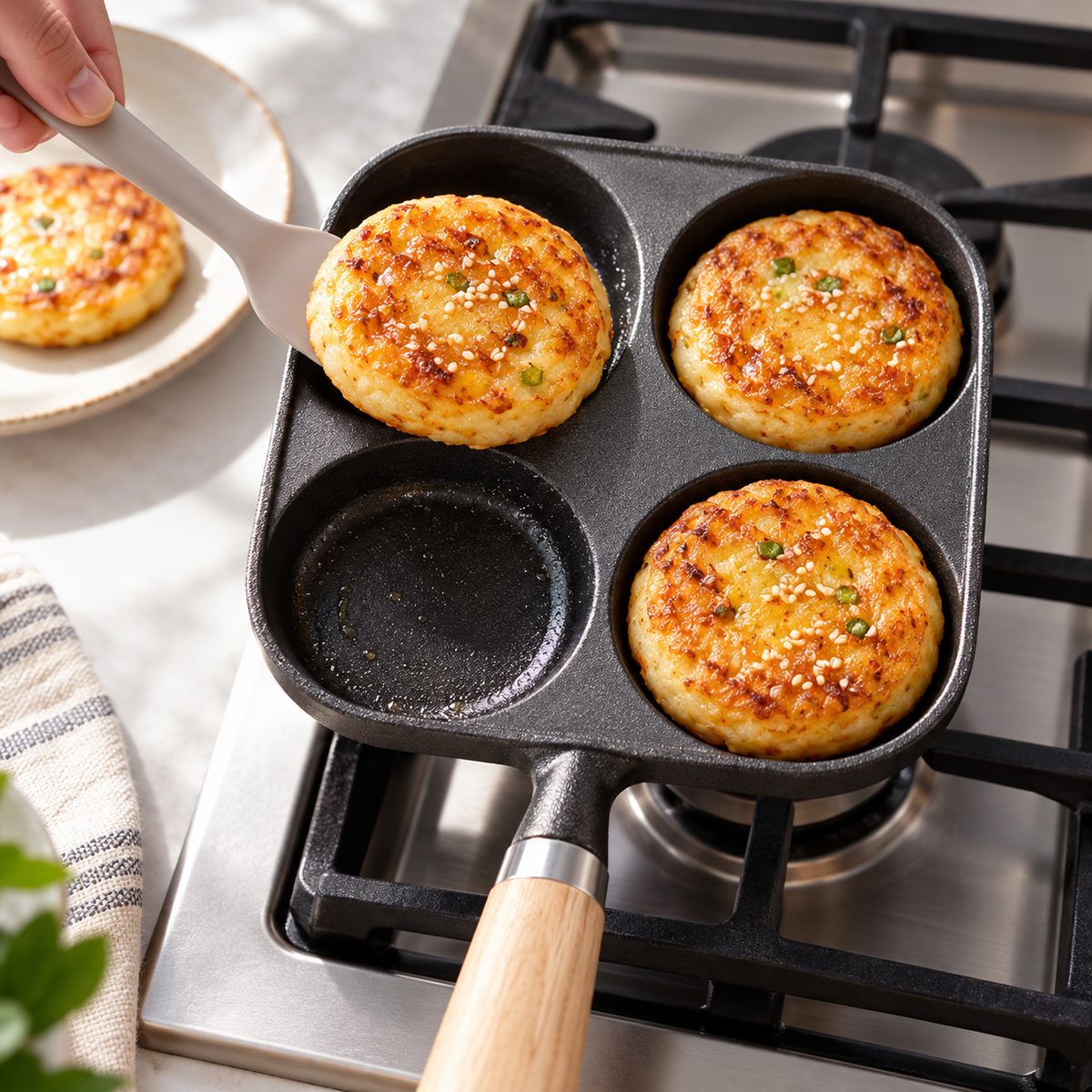 Lifting a cooked pancake from the four-well pan