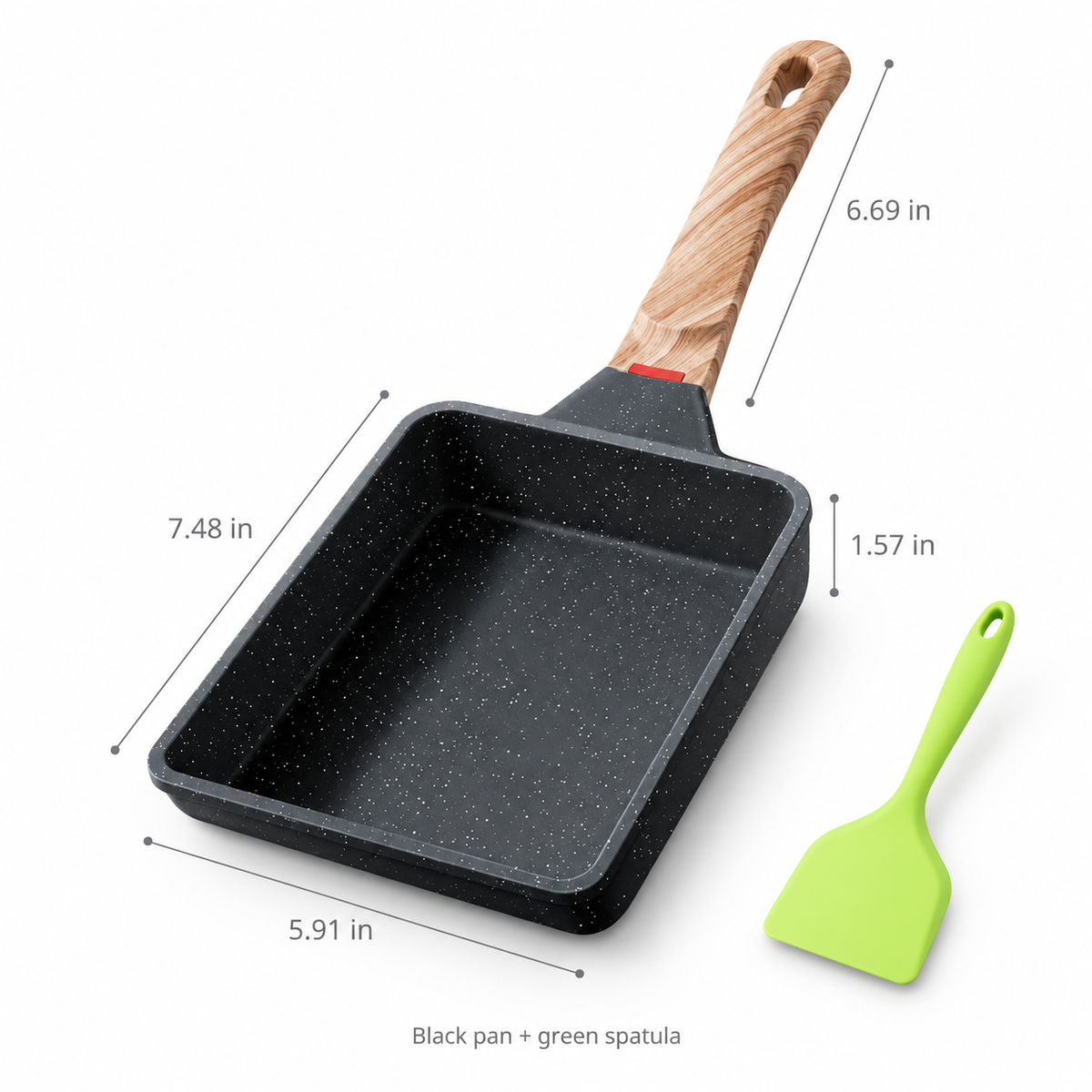 black tamagoyaki pan with green spatula; pan 7.48 × 5.91 × 1.57 in, handle 6.69 in.