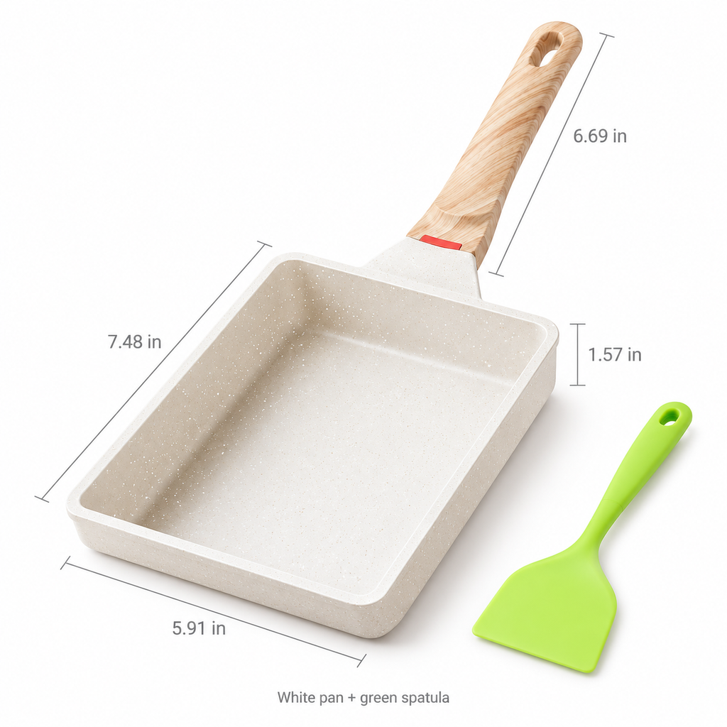 white tamagoyaki pan with green spatula; pan 7.48 × 5.91 × 1.57 in, handle 6.69 in.