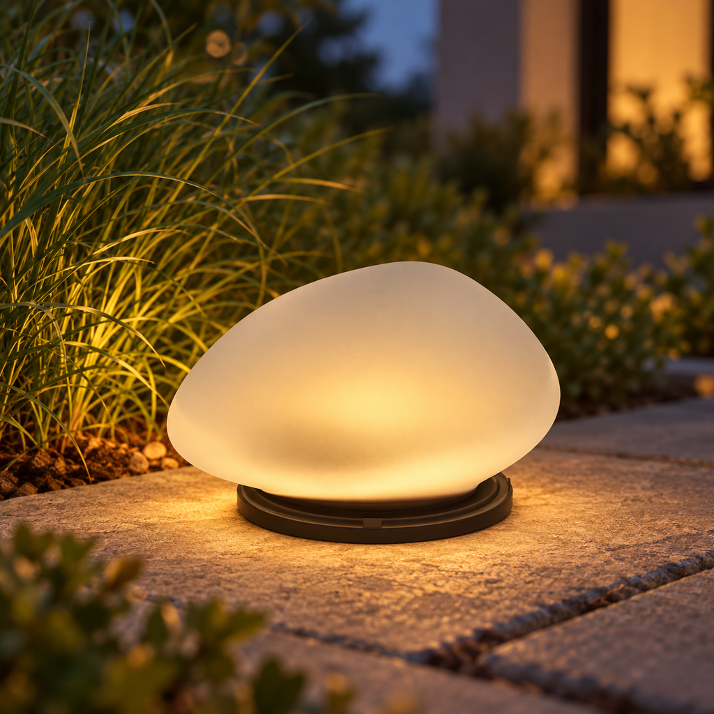 Single pebble lamp with warm illumination at dusk