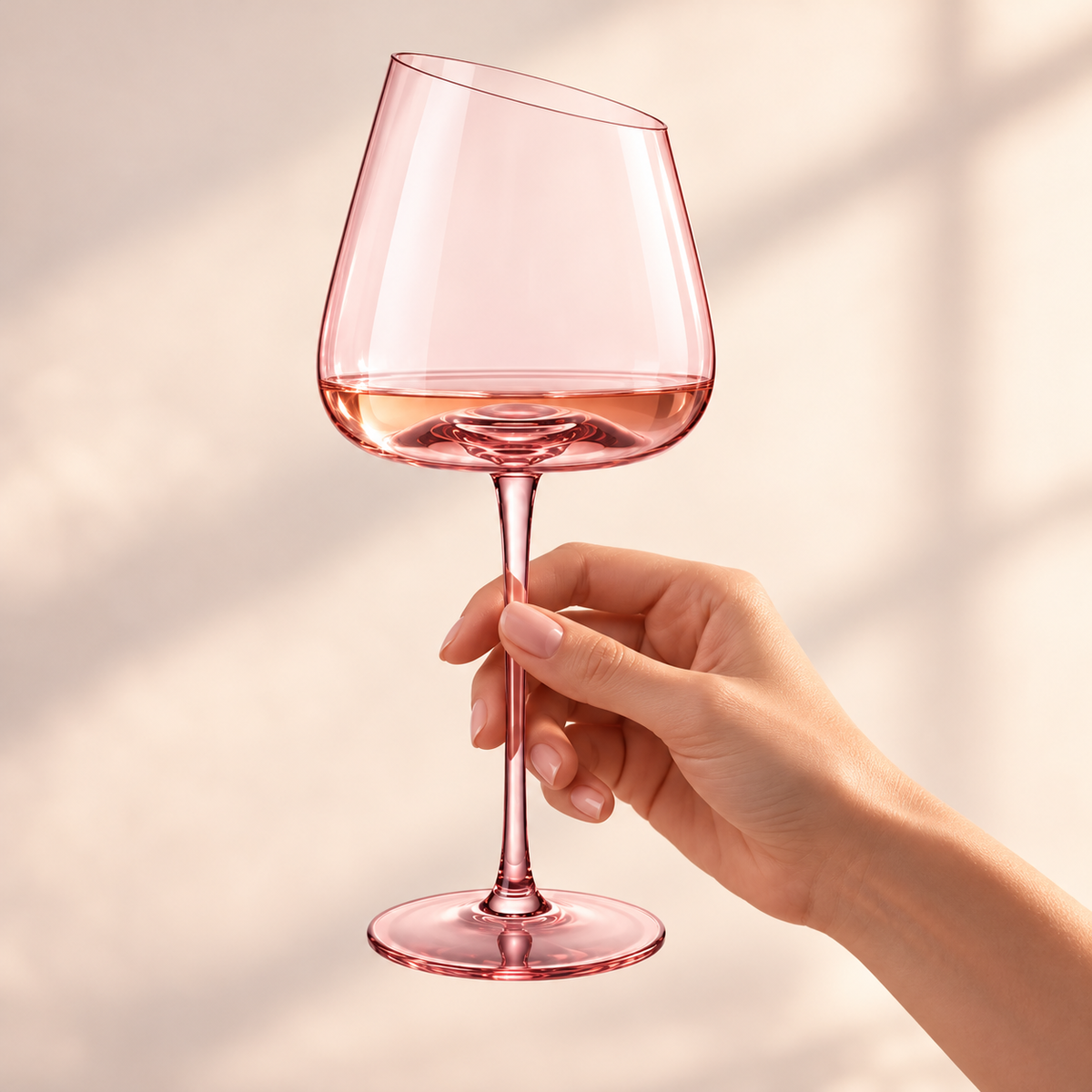 One pink slanted-rim wine glass held by its stem; one of a two-piece set